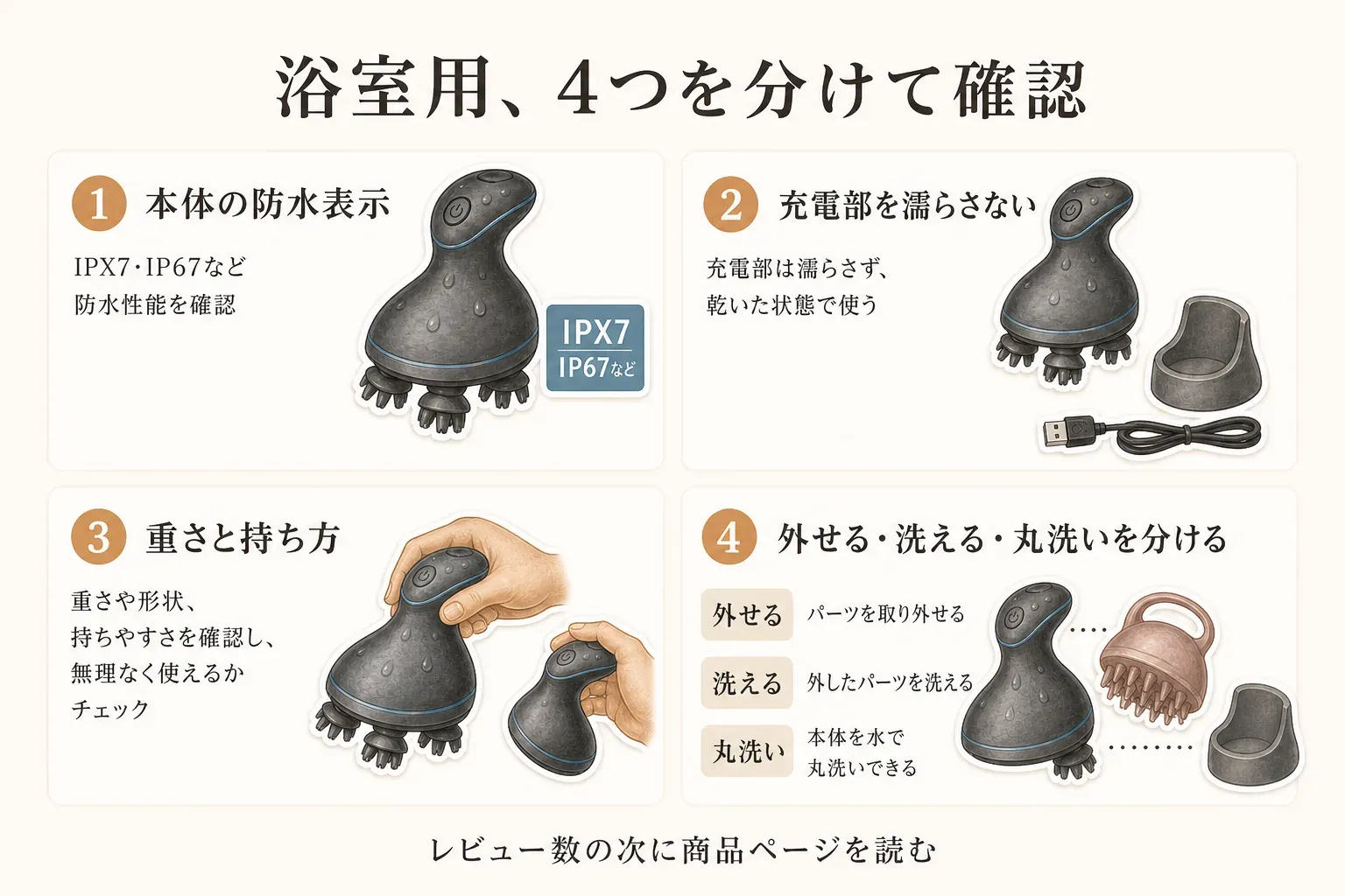 浴室用電動ヘッドマッサージャーを選ぶ4つの確認点を示す図。本体の防水表示、頭頂部へ持ち上げる際の重さ、濡れた手での持ち方、ブラシ部分を外して洗えるかを確認する