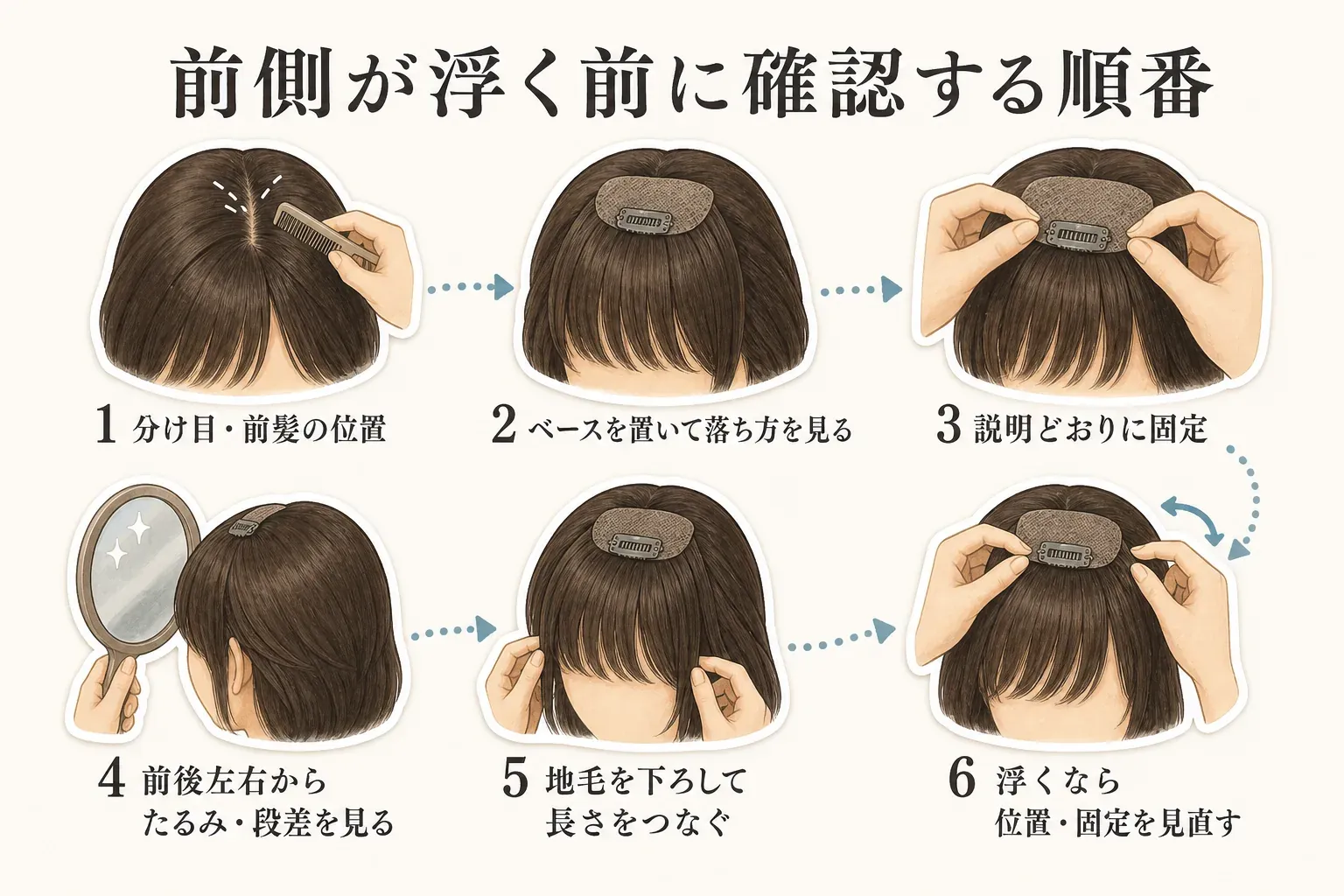 前側が浮く前に確認する装着手順を示す6段階の図。分け目と前髪の位置を決める、ベースを置いて落ち方を見る、説明どおりに固定する、前後左右からたるみと段差を見る、地毛を下ろして長さをつなぐ、浮くなら位置と固定を見直す順に示す