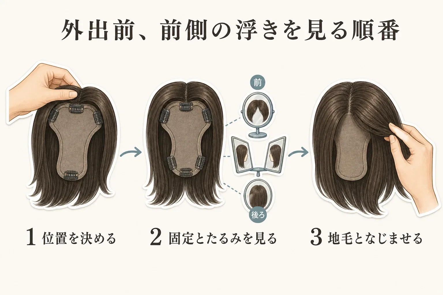 外出前に前側の浮きを確認する順番を示す図。ヘアピースの位置を決める、固定とベースのたるみを確認する、正面・横・後ろから見て地毛となじませる3段階を示す