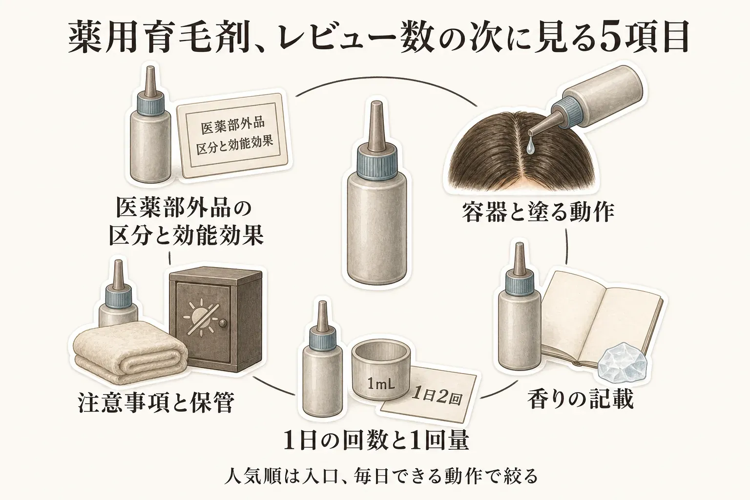薬用育毛剤をレビュー数の次に確認する5項目を示す図。医薬部外品の区分と効能効果、容器と頭皮へ塗る動作、香りの記載、1日の使用回数と1回量、注意事項と保管を順に確認し、人気順は入口として毎日できる動作で絞ることを示している