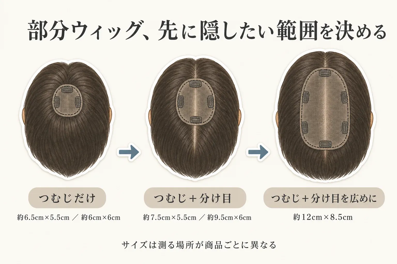 部分ウィッグで隠したい範囲とベースサイズを対応させる図。つむじだけは約6.5cm×5.5cmまたは約6cm×6cm、つむじと分け目は約7.5cm×5.5cmまたは約9.5cm×6cm、つむじと分け目を広めには約12cm×8.5cmの例を示し、サイズは商品ごとに測る場所が異なると説明する