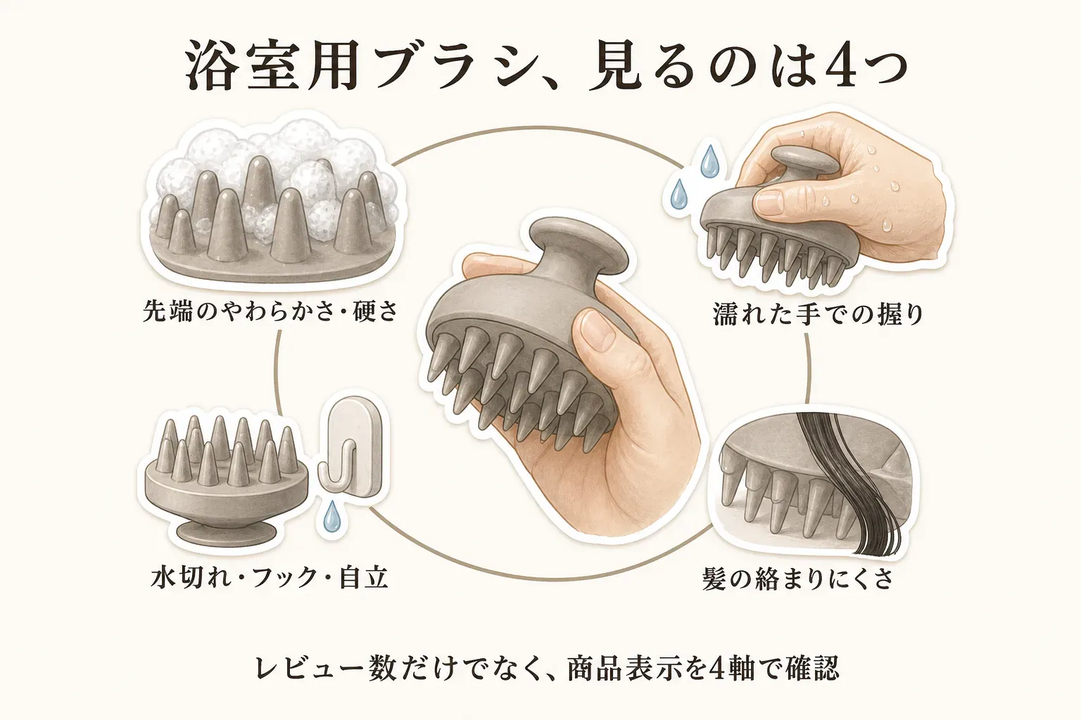 浴室用スカルプブラシを選ぶ4つの確認点を示す図。先端のやわらかさ・硬さ、濡れた手での握り、髪の絡まりにくさ、水切れ・フック・自立による乾かしやすさを確認する