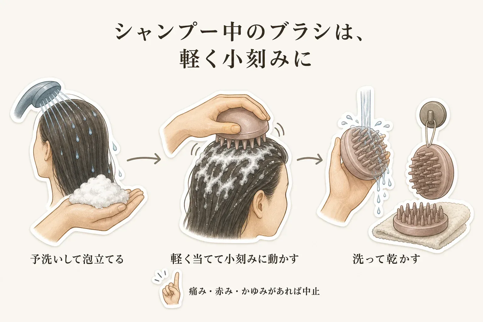 シャンプー中のスカルプブラシの使い方を示す図。髪と頭皮を予洗いしてシャンプーを泡立て、ブラシを軽く当てて小刻みに動かし、使用後は洗って乾かす。痛み・赤み・かゆみがあれば使用を中止する