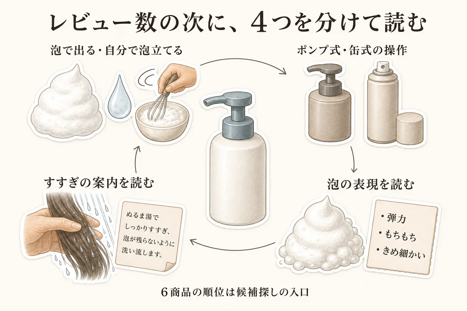 レビュー数の次に泡スカルプシャンプーの商品ページで確認する4項目を示す図。泡で出るか自分で泡立てるか、ポンプ式か缶式かの操作、弾力・もちもち・きめ細かいといった泡の表現、すすぎの案内を順に読む。6商品の順位は候補探しの入口と示している