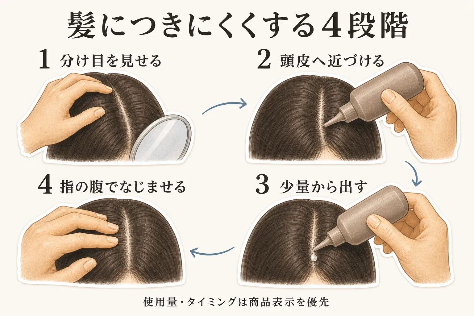 髪につきにくく頭皮用ローションを使う4段階を示す図。分け目を見せ、頭皮へ近づけ、少量から出し、指の腹でなじませる。使用量とタイミングは商品表示を優先する