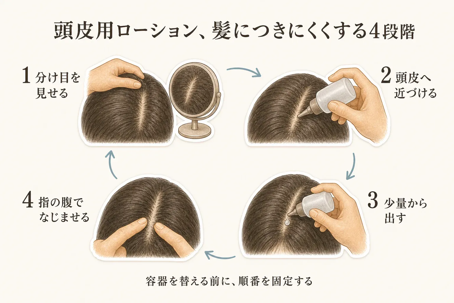 頭皮用ローションを髪につきにくく使う4段階を示す図。鏡で分け目を見せ、ノズルを頭皮へ近づけ、少量から出し、指の腹でなじませる。使用量と使うタイミングは商品表示を優先する