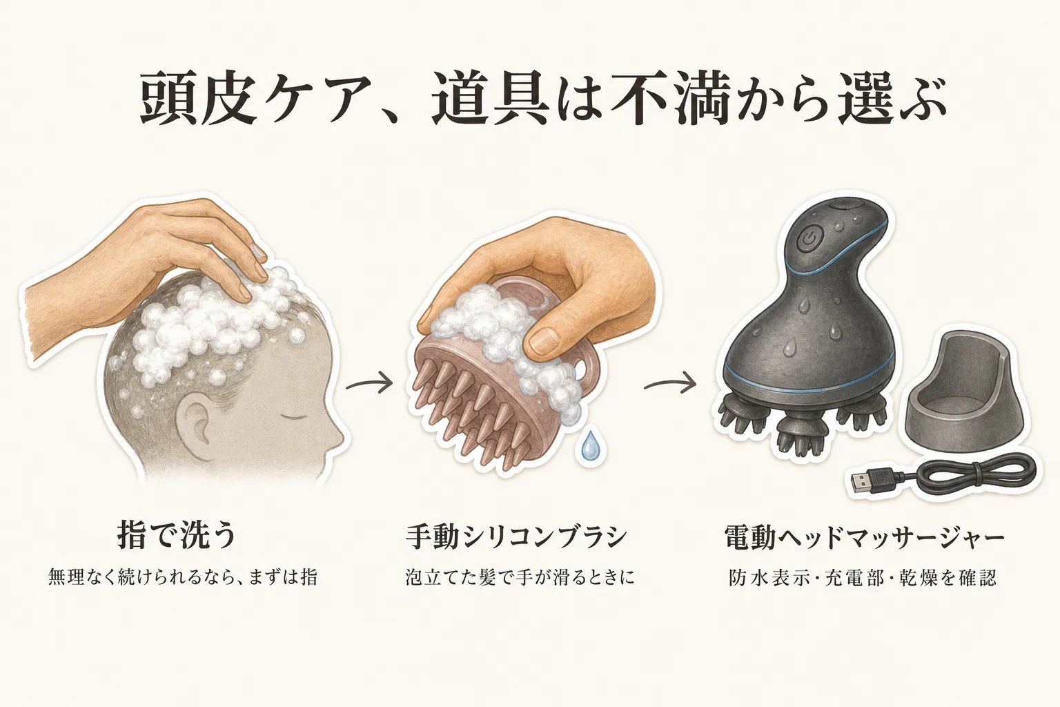 頭皮ケアの道具選び。無理なく続けられるなら指で洗い、泡立てた髪で手が滑るときは手動シリコンブラシ、防水表示・充電部・乾燥を確認できるときは電動ヘッドマッサージャーを選ぶ流れを示す図