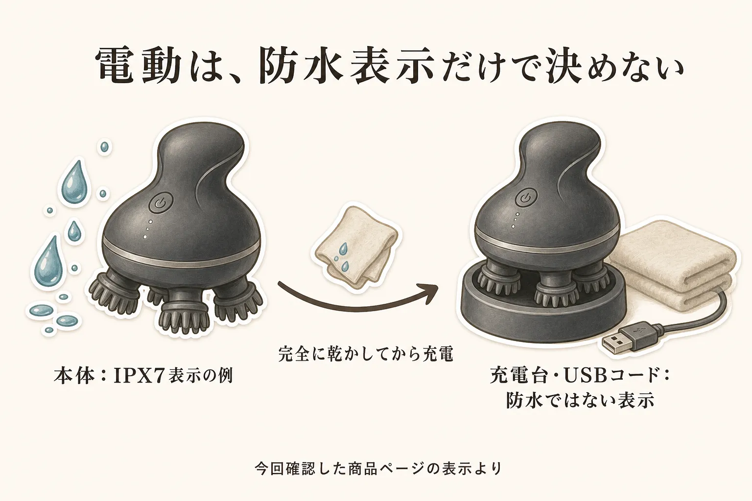 電動ヘッドマッサージャーの充電時の注意。IPX7表示の本体の例は、完全に乾かしてから充電し、防水ではない表示の充電台・USBコードへセットする流れ。今回確認した商品ページの表示より