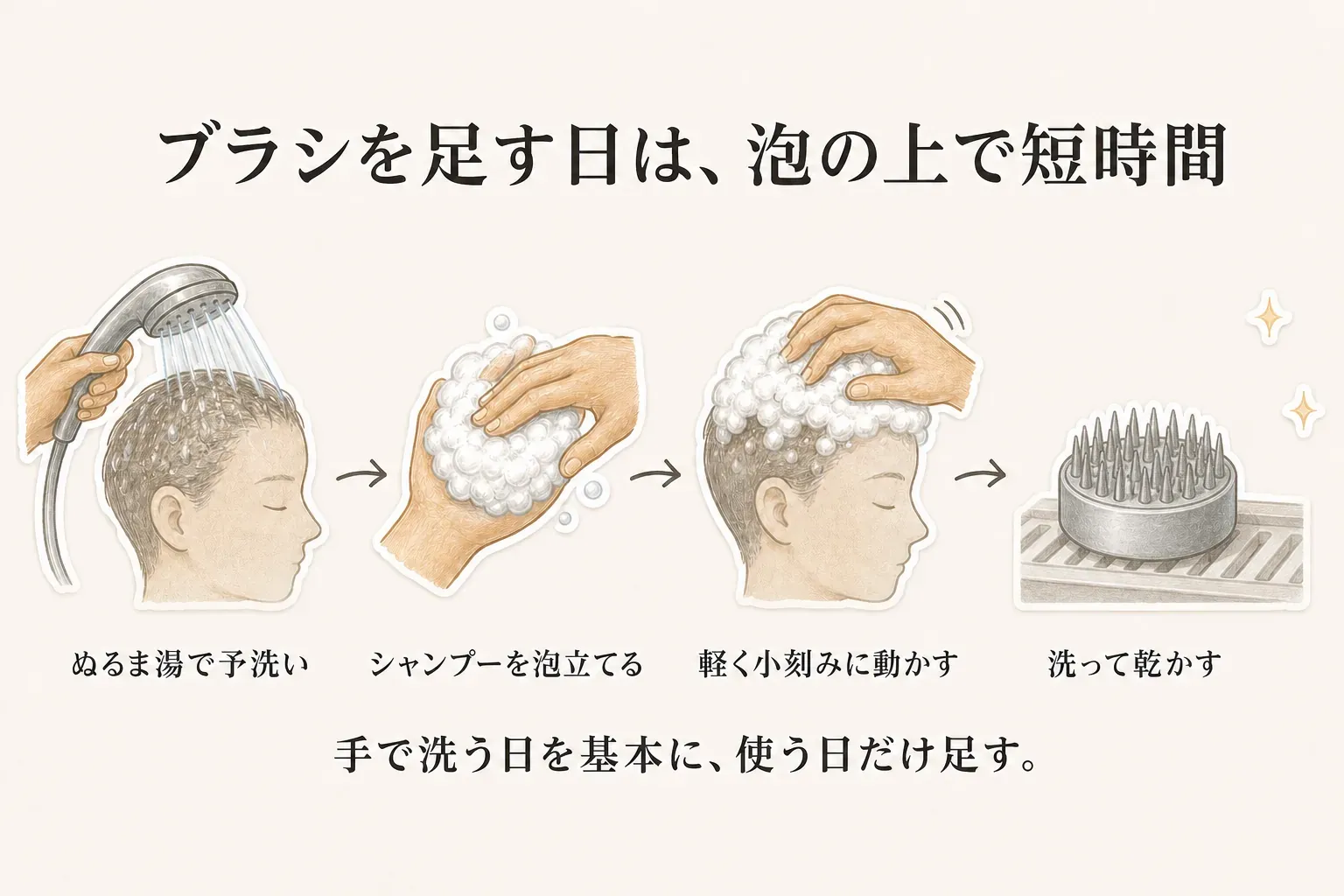 シャンプーブラシを使う日の手順を示す図。ぬるま湯で頭皮を予洗いし、シャンプーを泡立て、泡の上からブラシを軽く小刻みに動かし、使用後は洗って乾かす。手で洗う日を基本に、使う日だけブラシを足す