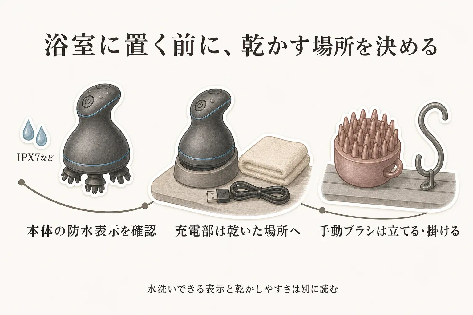 浴室で頭皮マッサージャーとシャンプーブラシを保管する前の確認点を示す図。電動タイプは本体のIPX7などの防水表示を確認し、充電部は乾いた場所へ移す。手動ブラシは立てるかS字フックに掛けて乾かす