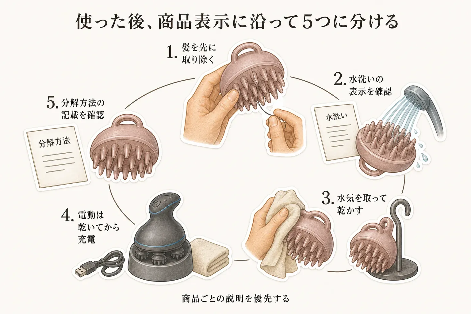 シャンプーブラシの使用後の手順を示す図。髪の毛を取り除き、水洗いの表示がある場合は突起の間まで流水ですすぎ、タオルで水気を取り、フックや自立など商品の表示に沿って乾かす。電動タイプは完全に乾いてから充電する