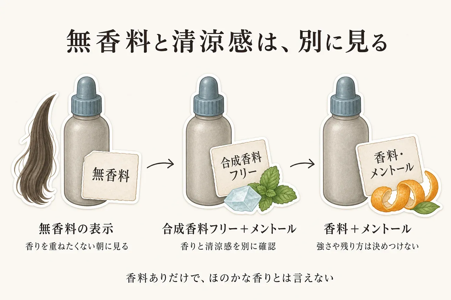 無香料と清涼感を別に見る図。無香料の表示は香りを重ねたくない朝に見ること、合成香料フリーとメントールの表示は香りと清涼感を別に確認すること、香料とメントールの表示だけでは香りの強さや残り方を決めつけないことを示している