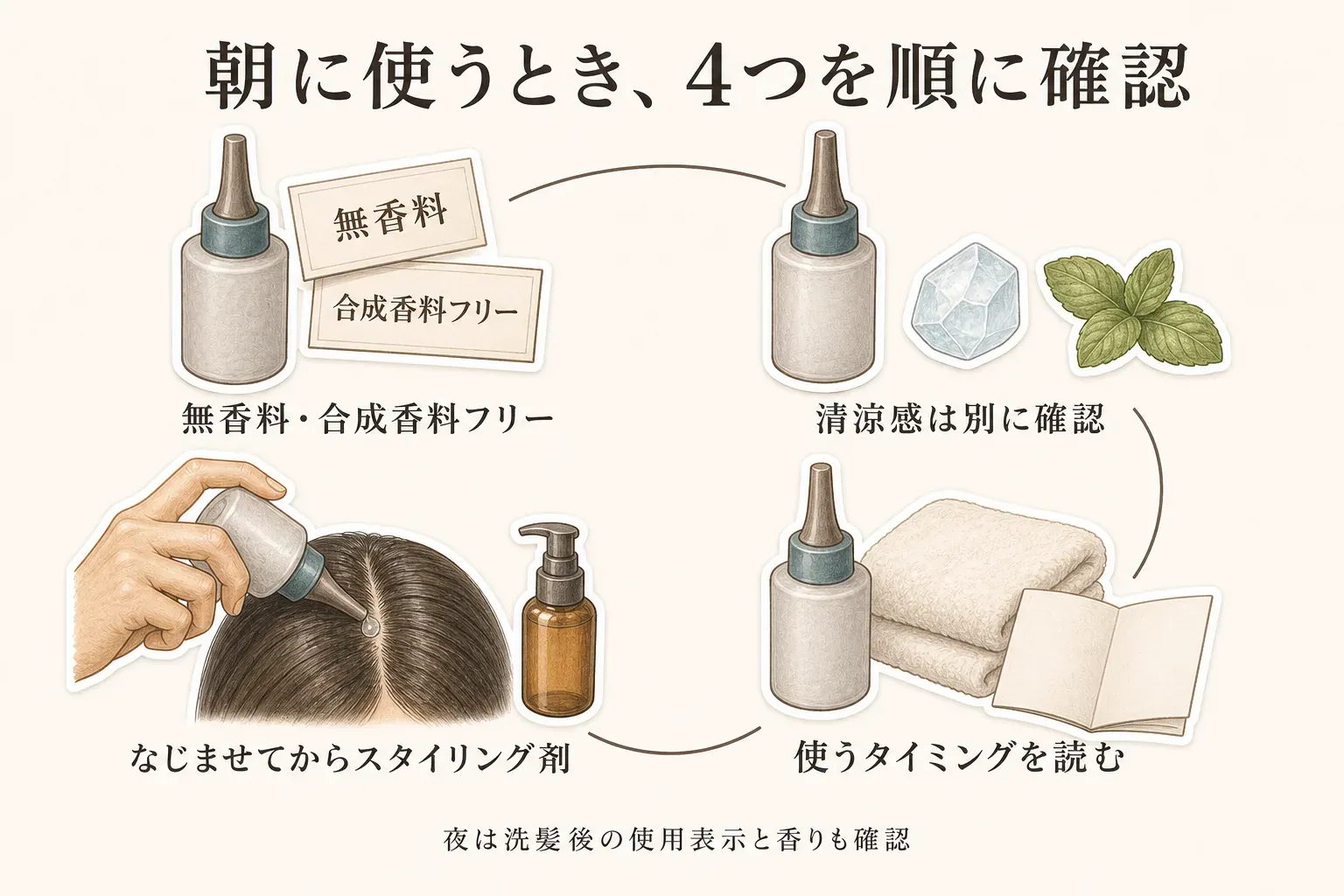 朝にスカルプエッセンスを使うときの4つの確認順を示す図。無香料・合成香料フリーの表示、清涼感を別に確認すること、使用タイミングを読むこと、頭皮になじませてからスタイリング剤を使うことを、夜は洗髪後の使用表示と香りも確認するという注意とともに示している